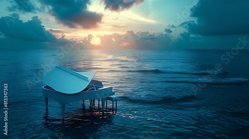 Surreal sea scene with white piano on the water at dusk with blue tones