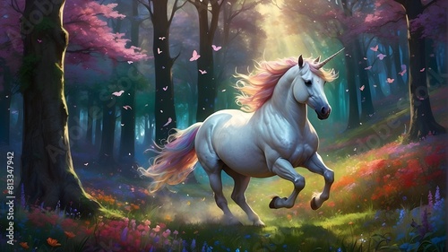 A mysterious unicorn galloping through a lovely forest full of glittering flowers and trees  with a mane and coat the color of the rainbow.