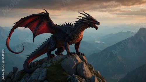 A fierce dragon, with scales as black as night and fiery red eyes, perched atop a mountain peak, surveying its kingdom below.