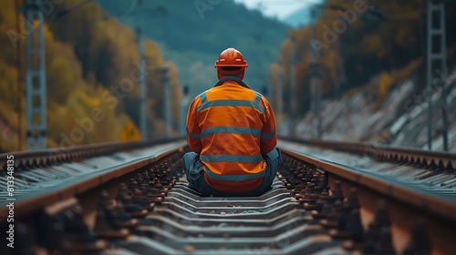 Engineer sitting on railway inspection, construction worker on railways, Engineer work on Railway, Rail, engineer, Infrastructure photo