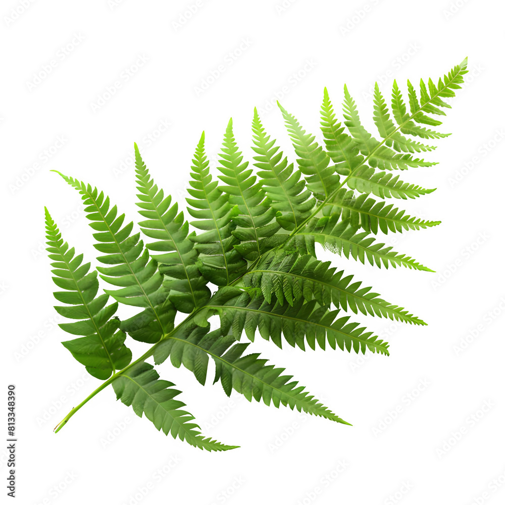 fern leaf on a white background surrounded by a variety of evergreen foliage representing a fresh, spring forest scene