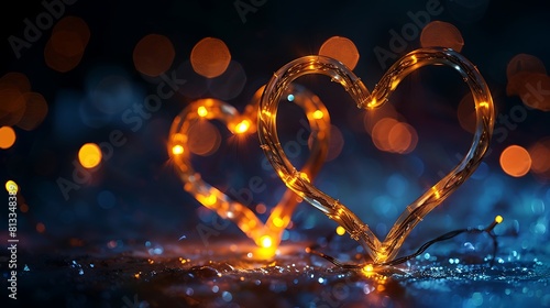 Two glowing intertwined hearts made by LED light isolated on a black background