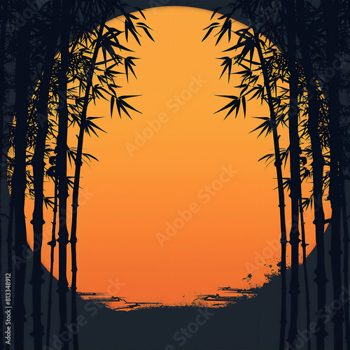 Bamboo trees silhouette against sun at sunset or sunrise in Artistic Water Painting. Summer and Asian wallpaper with copy space.