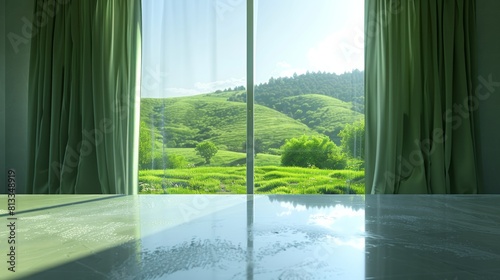 A room with green grass outside the window