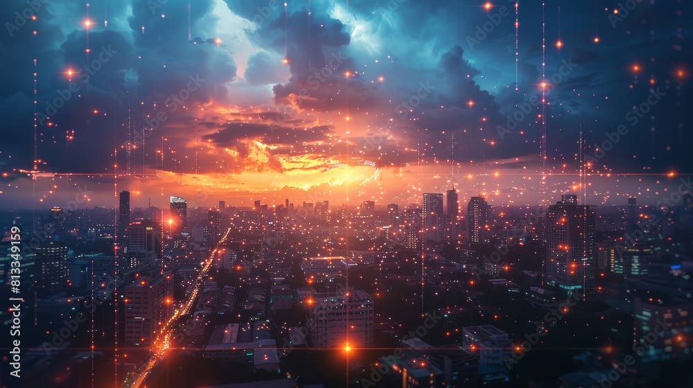 A captivating view of a futuristic cityscape at dusk, the sky ablaze with vivid colors and streets glowing with numerous lights. A captivating view of a futuristic cityscape at dusk, the sky ablaze with vivid colors and streets glowing with numerous lights.