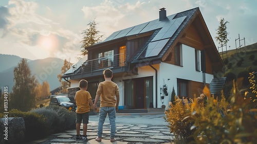 Family with little Boy standing in front of their house with solar panels on the roof, having electric car