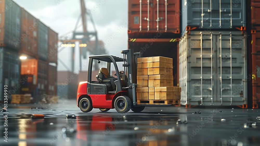 Forklift Tractor Loading Package Boxes on Pallet into Cargo Container, TrailerTruck Parked Loading at Dock Warehouse, Shipment Delivery, Supply Chain, Shipping Logistics Freight Truck Transportation