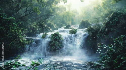 Waterfall in the middle of a lush green forest in the morning
