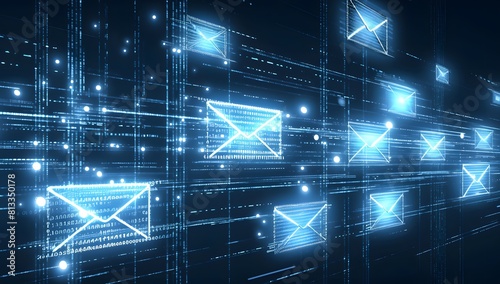 Futuristic Email Communication Technology Concept with Glowing Blue Icons and Blurred Digital Data Motion