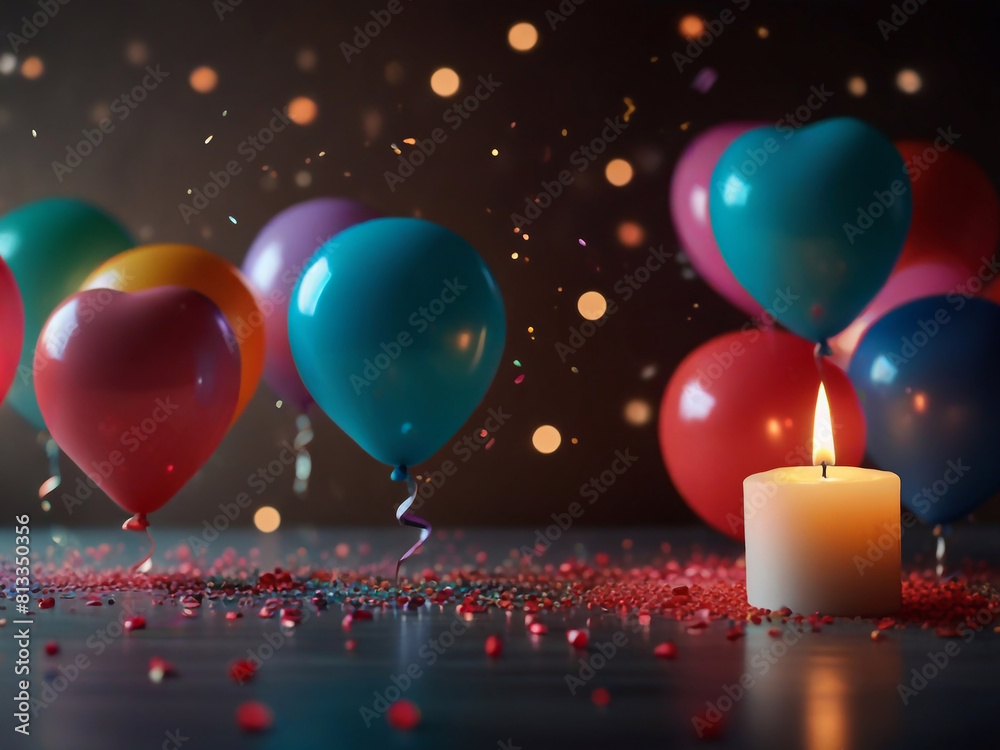 A Birthday banner background with Candlelight, 3d balloons and heart ai generative A Birthday banner background with Candlelight, 3d balloons and heart ai generative