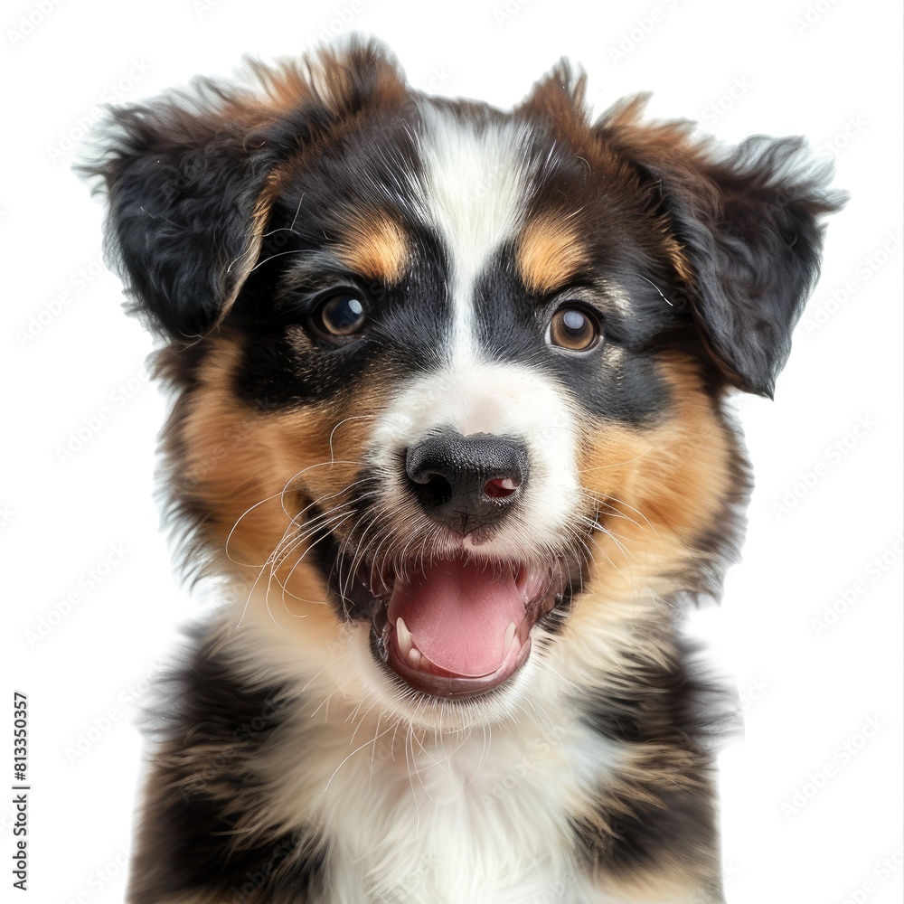 Cute fluffy portrait smile Puppy dog that looking at camera isolated on clear png background,  