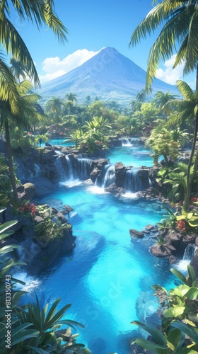 Photo of A magical blue lagoon surrounded by lush greenery  with the silhouette of an active volcano in the background  taken from above with palm trees framing the scene.