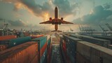 Freight airplane flying above overseas shipping container , Logistics supply chain management and international goods export concept