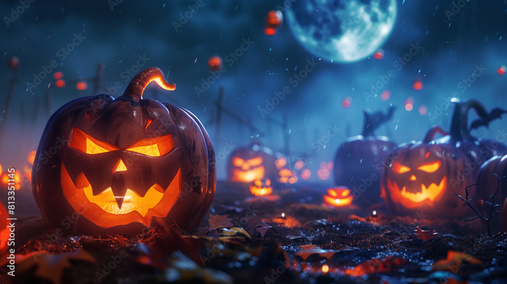 Halloween Night Scene with Carved Pumpkins and Full Moon Halloween Night Scene with Carved Pumpkins and Full Moon