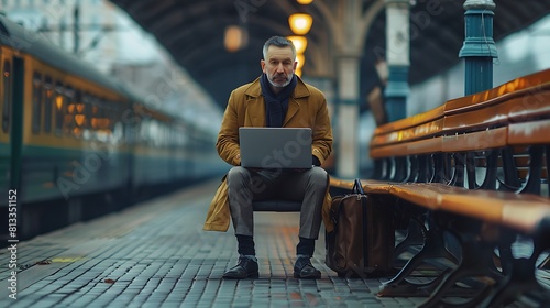 Full length of businessMan with laptop sitting on bench while waiting at railroad station photo