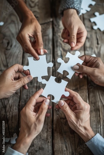diverse business people holding white puzzle pieces together