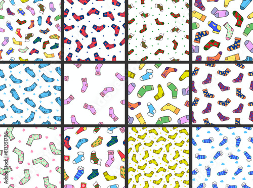Variety socks different textures. Seamless pattern. Fashion trendy clothes. Hand drawn style. Vector drawing. Collection of design ornaments.