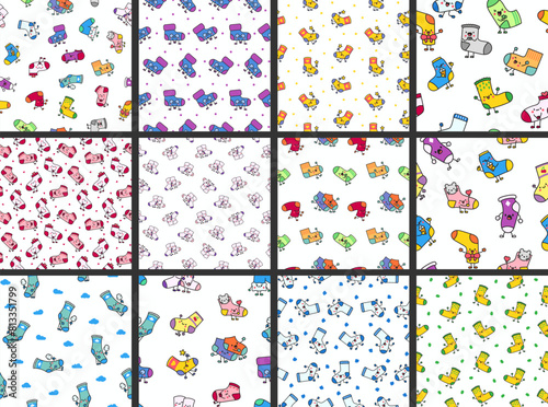 Cute happy sock cartoon character. Seamless pattern. Fashion woolen underwear, textile accessories. Hand drawn style. Vector drawing. Collection of design ornaments.