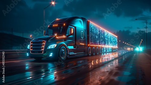 Autonomous Semi Truck with Cargo Trailer Drives at Night on the Road with Sensors Scanning Surrounding, Special Effects of Self Driving Truck Digitalizing Freeway photo