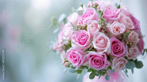Wedding bouquet, pink roses on a light background