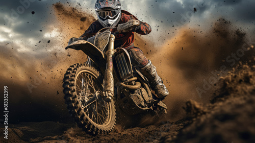 A man is riding a dirt bike through a muddy field