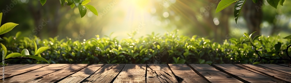 Wooden pedestal in morning light at tea plantation, pure and fresh ambiance, offering copy space for product display, with blurred tea leaves and sun rays Wooden pedestal in morning light at tea plantation, pure and fresh ambiance, offering copy space for product display, with blurred tea leaves and sun rays