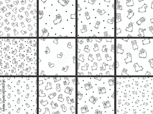 Beautiful alpaca cartoon character. Seamless pattern. Coloring Page. Cute kawaii animal. Hand drawn style. Vector drawing. Collection of design ornaments.