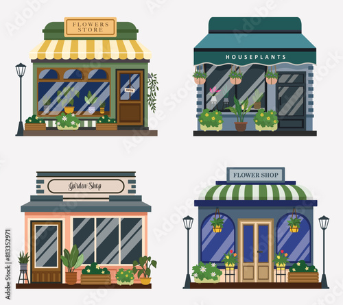 Set of retro flowers store facade detailed with modern small buildings © coz1421