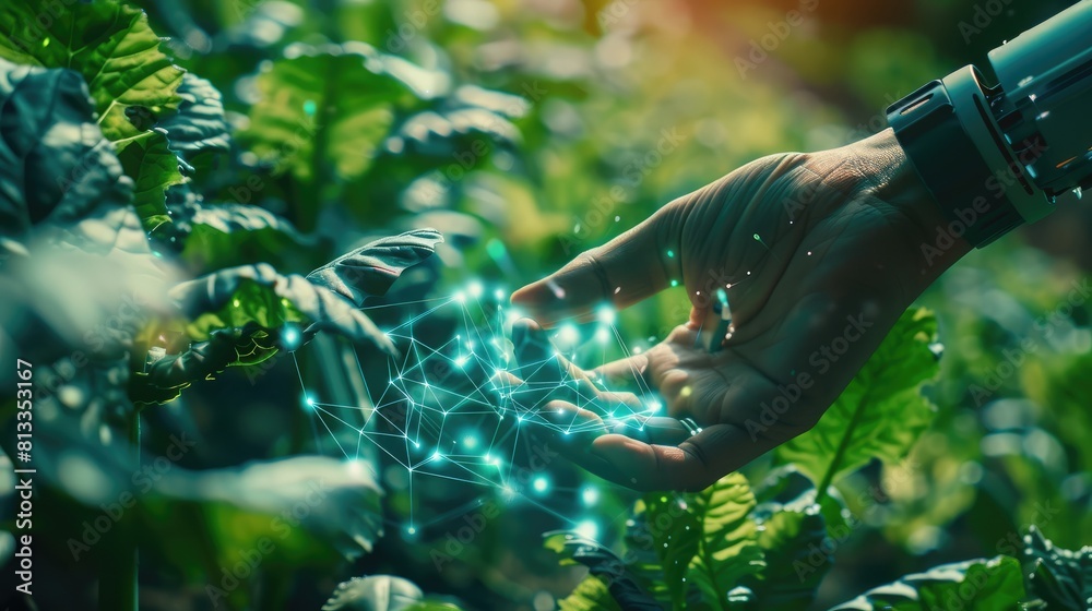 Smart farming with future agricultural technology concepts A human hand ...
