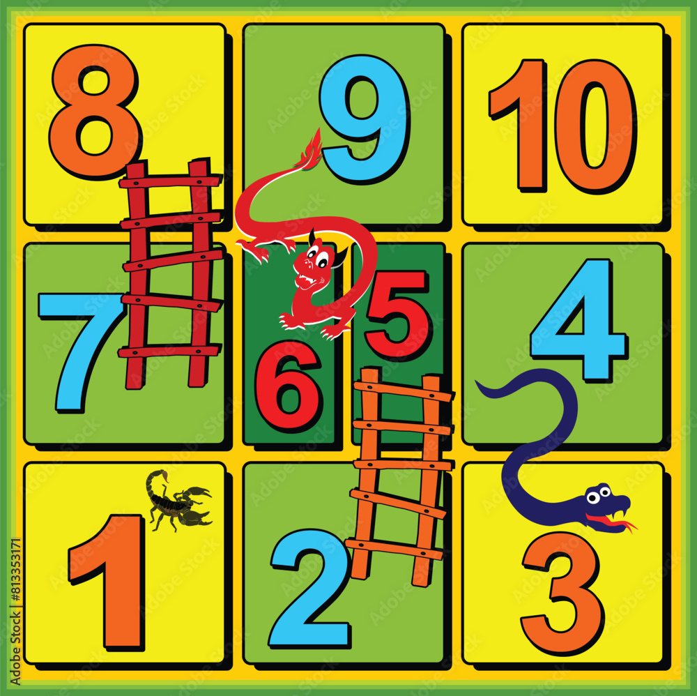 Vetor de 10 step snakes and ladders board game for kids. Editable and ...