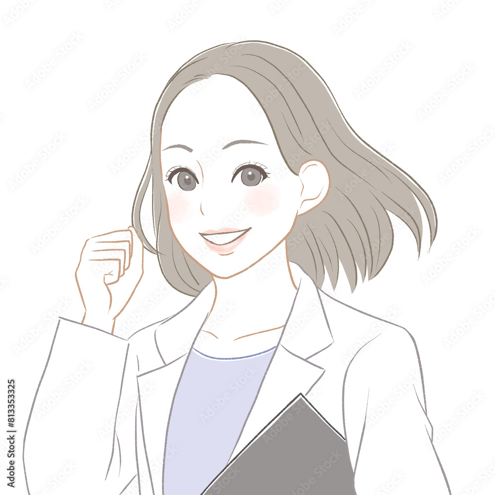 笑顔でガッツポーズをする白衣の女性 笑顔でガッツポーズをする白衣の女性