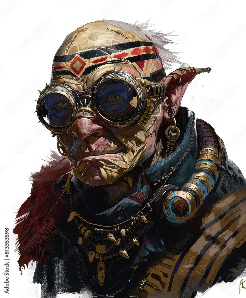 a crazy old villain in futuristic attire wearing a tribal mask and futuristic goggles, white background a crazy old villain in futuristic attire wearing a tribal mask and futuristic goggles, white background
