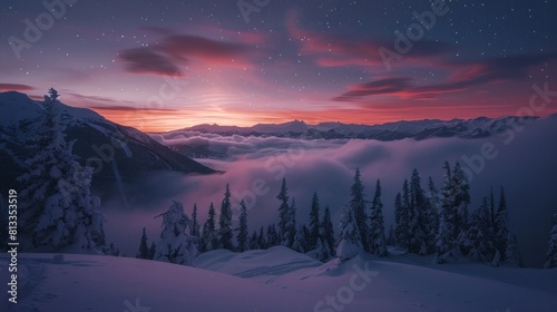 A beautiful mountain landscape with a purple sky and clouds