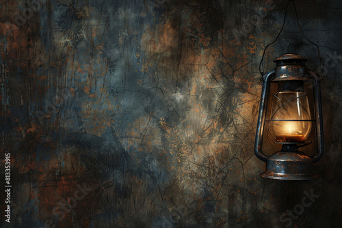Aged metal lantern casts a warm glow on a textured  grunge wall