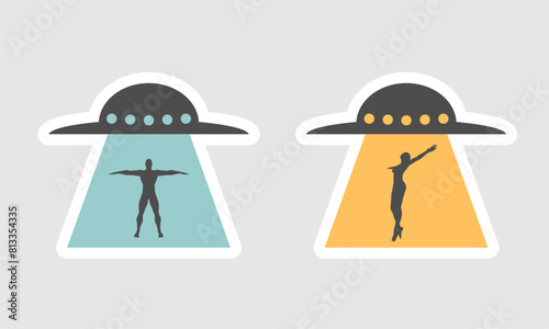 Unidentified flying object and abducted people silhouettes. Science fiction concept