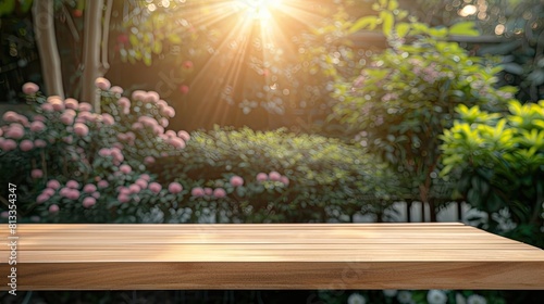 empty tabletop in home backyard garden background  dais podium counter product display pedestal platform  