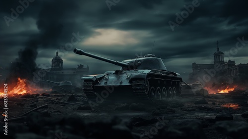 Tank in dark war-torn cityscape