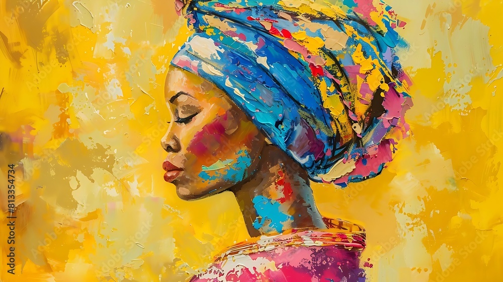 Obraz premium portrait of an African woman with a bold and colorful headwrap. adorned with vibrant splashes of paint, a strong sense of culture, artistry, and individuality.