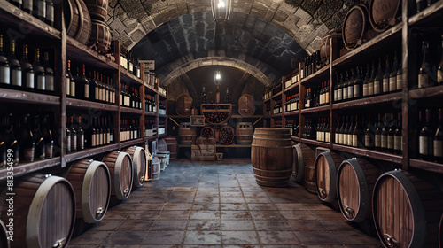 Wine Cellar Interior Design, AI Generated Illustration of Luxurious Wine Storage, Winery Decor Inspiration, Generative Ai

 photo