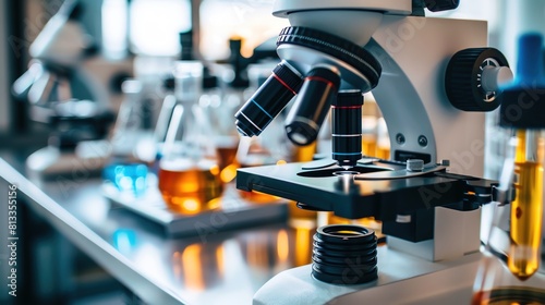 Laboratory equipment front view displaying test tubes and microscopes to signify precision scientific research technology tone vivid