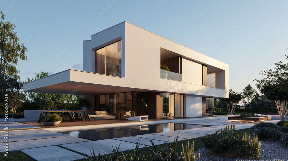 A minimalist cubic house with an emphasis on architectural purity, featuring clean lines and a harmonious blend of natural materials. A minimalist cubic house with an emphasis on architectural purity, featuring clean lines and a harmonious blend of natural materials.