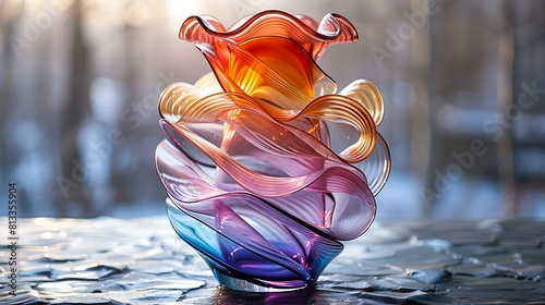 Marvel at the delicate intricacies of a hand-blown glass vase, where translucent layers catch the light and refract it into a dazzling display of color and brilliance.