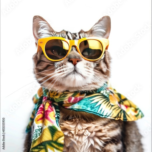 Happy smile kitty Cat wear sunglasses with summer season costume isolated on background, 
