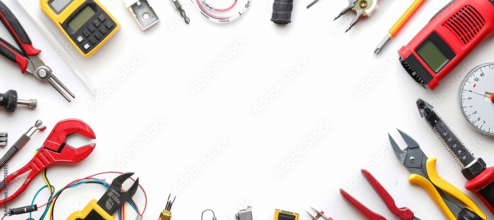 A flat lay composition of various electrical tools and equipment on a white background with copy space, including pliers, a multimeter, wires, a light switch and wires. A flat lay composition of various electrical tools and equipment on a white background with copy space, including pliers, a multimeter, wires, a light switch and wires.