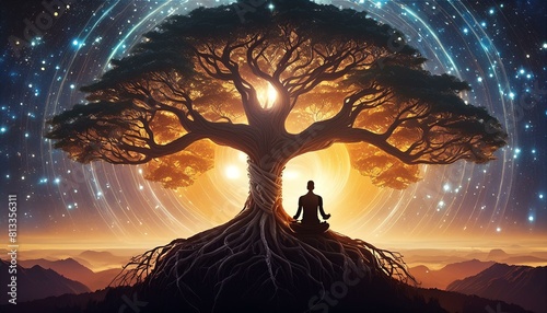 The tree of life under a bright, starry sky, with the solute of a man meditating under the tree
