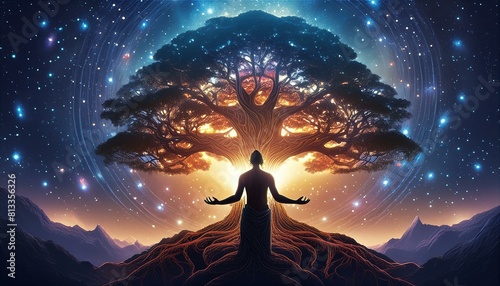tree of life with the cosmos in the background and a human silhouette