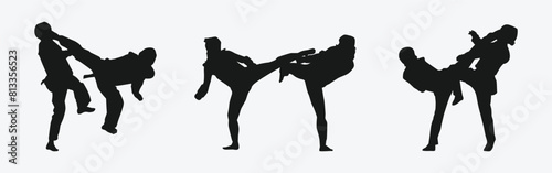 set of silhouettes of martial arts taekwondo with different action, pose. isolated on white background. vector illustration.