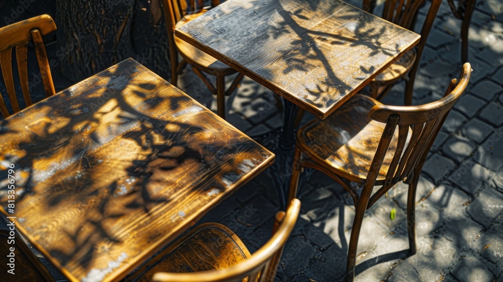 Serene close-up of shadow patterns from trees playing across wooden chairs, blending nature and urban design on an isolated background Serene close-up of shadow patterns from trees playing across wooden chairs, blending nature and urban design on an isolated background