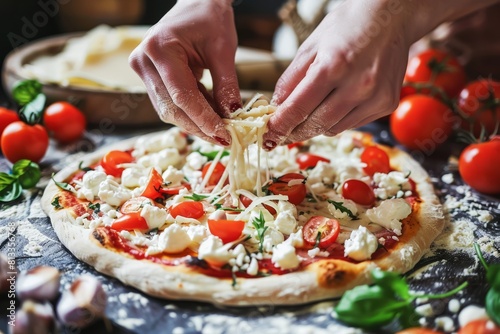 Hands Sprinkling Mozzarella Cheese on Freshly Prepared Pizza in a Rustic Kitchen Setting