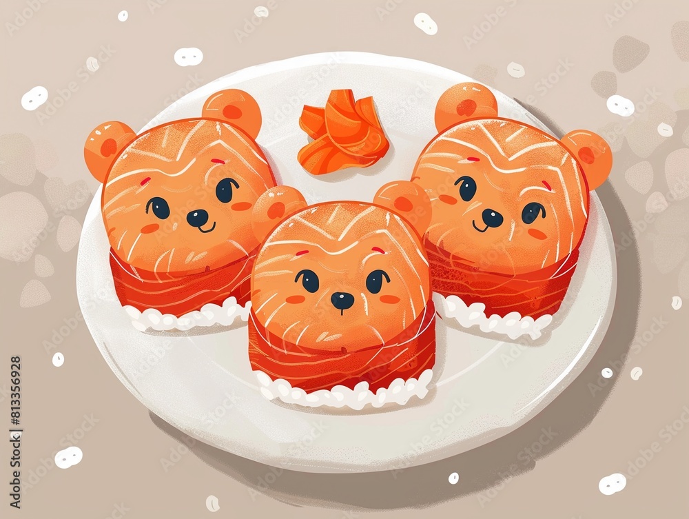 Obraz premium Bearshaped salmon sushi in a flat design, top view, on a soft background, perfect for a fun and stylish presentation